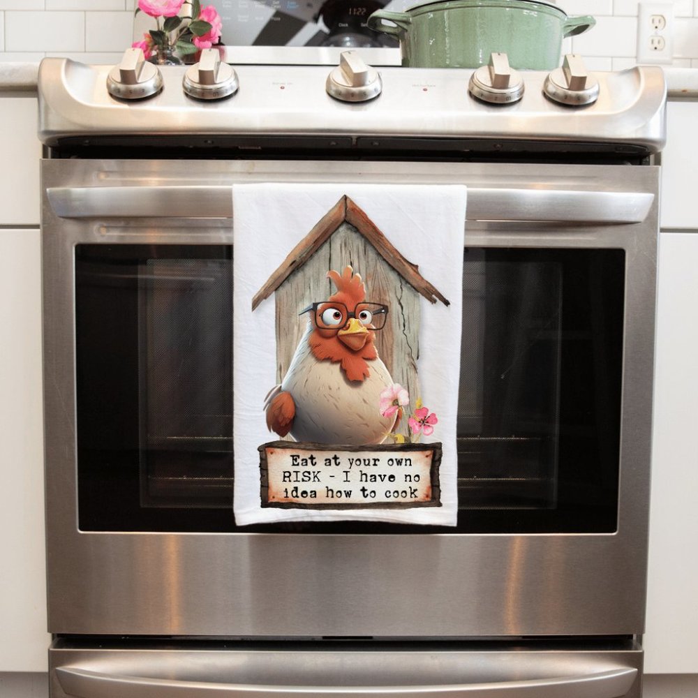 "Eat at Your Own RISK" Funny Farmhouse Chicken Handmade Decorative Towel